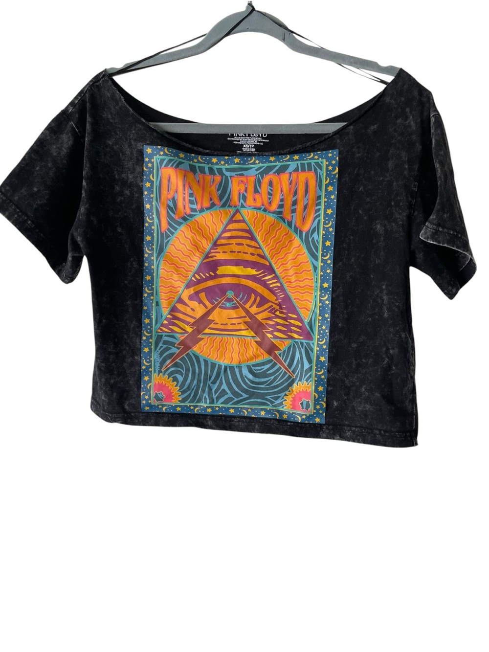 Pink Floyd Women’s XS Black Acid Wash Graphic Crop Top Psychedelic Band Tee